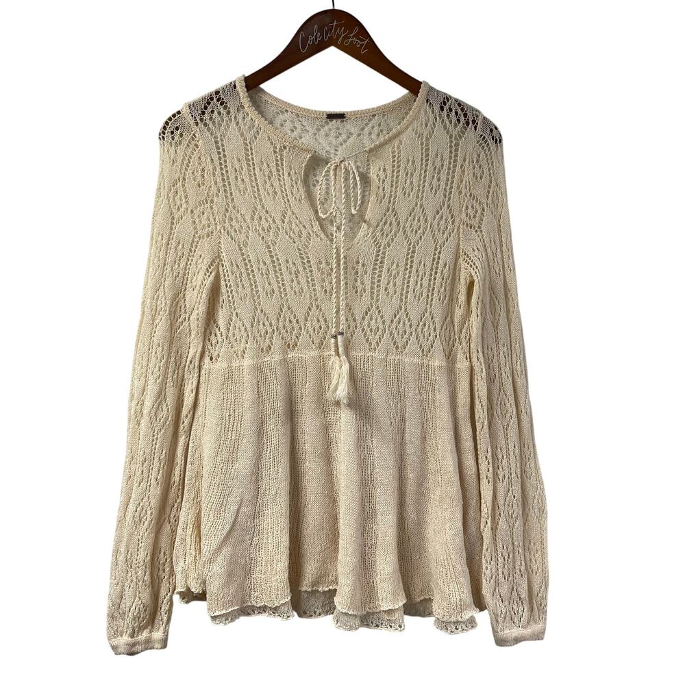 Free People Top Angel Days Top Bohemian Crochet Cream Semi Sheer Flowy